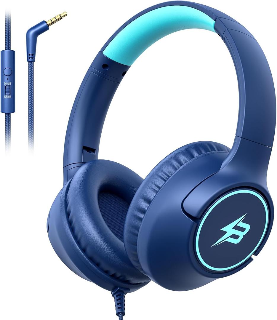 Kids Headphones Wired for School, 85/94dB Volume Limit, Wired Over Ear Headphones for Kids Boys Girls with Microphone, Stereo Sound 3.5mm Cord for Kindle Tablet Airplane Travel, Navy Blue