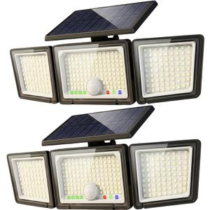 Solar Outdoor Lights Motion Sensor, 2500LM 286 LED Security Flood Lights with Visual Battery & Mode Display, 3 Lighting Modes, IP65 Waterproof 3-Head Wide Angle for Garage, Yard, Patio (2 Pack)