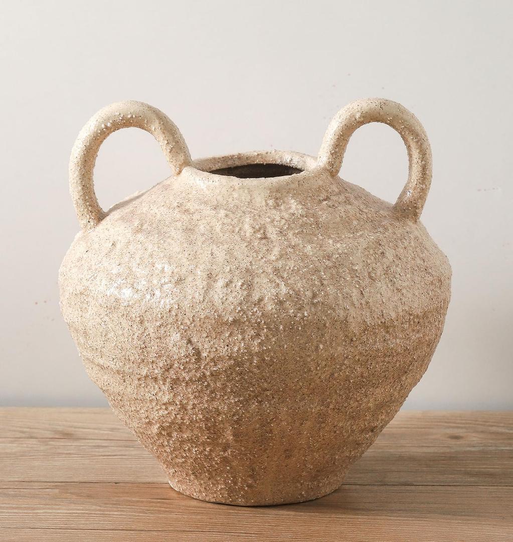 Ceramic Flower Vase, Large Farmhouse Vases Home Decor, Handmade Rustic Vase with Handles, Decorative Flower Vase for Home Entryway Living Room Dining Table Farmhouse Office Decor(8.6inch)