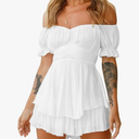 AOHITE Womens Summer Tube Top Dress Off-Shoulder Ruffled Flowy Mini Short Dresses, No Size Mark