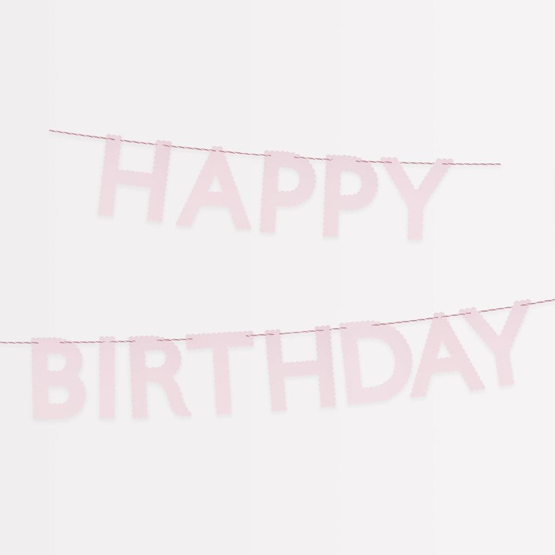 Meri Meri Pink Happy Birthday Banner (Pack of 1), 8' Birthday Party Banner with Excess Cord