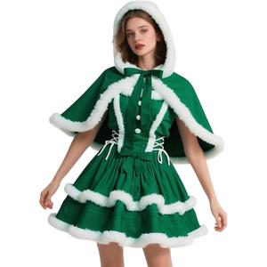Women's Christmas Dress Skirt and Hooded Cloak Match  (Large, Green)