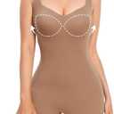 Decorus Women's Shapewear Tank Bodysuits - Plunge V Neck Sleeveless Shapewear Built in Bra V Backless Thong Body suits Tops (Large, Brown(mid Thigh))