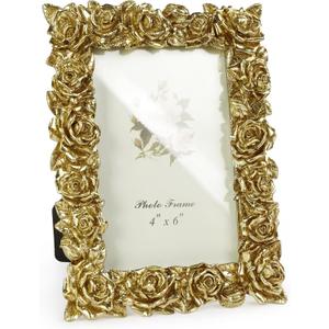 Cuspin 4x6 Picture Frame Vintage Gold Frames, Ornate Rose Flower Resin Photo Frame with Glass Front for Tabletop or Wall Hanging, Antique Picture Frames for Home Office Decor