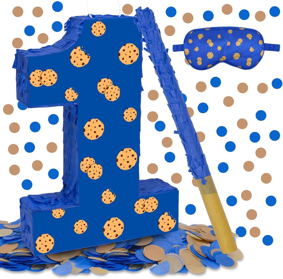 Cookie 1st Birthday Decorations, 15.7'' Cookie Number 1 Piata with Blindfold Stick and Confetti for Cookie Birthday Party Supplies (1st)