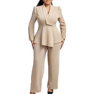 Women Suit Jacket 2 Piece Ruffle Blazer with Wide Leg Pants Suit Long Sleeve Business Casual Outfits (M)