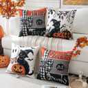 3 x Artscope Halloween Decorative Throw Pillow Covers 20x20 Inch Set of 4, Ghost Trick or Treat Pumpkin Sweet But Spooky Outdoor Farmhouse Pillow Cases for Home Sofa Couch-Orange