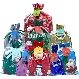 ANTOWIN 37PCS Christmas Gift Bags with Tags, Assorted Sizes, Christmas Foil Gift Wrapping Sacks Pouches for Presents Party Favor, Birthday Gift Bags, Reusable Bags