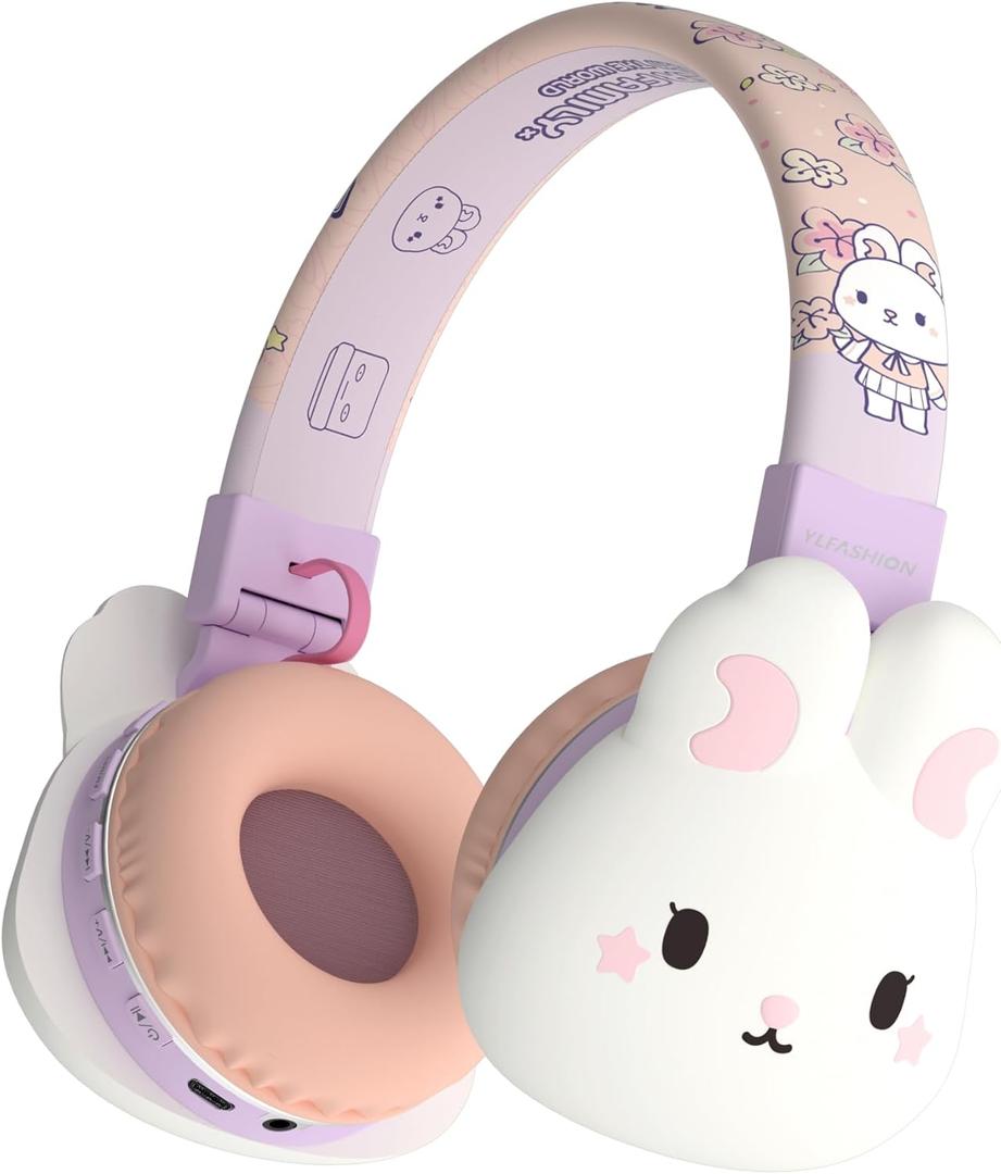 Kids Bluetooth Headphones, Wireless & Wired Over-Ear with Rabbit Design, Built-in Mic, Volume Limited, Comfortable & Foldable, for Children & Adults/School/iPad/Tablet/Airplane (Purple)