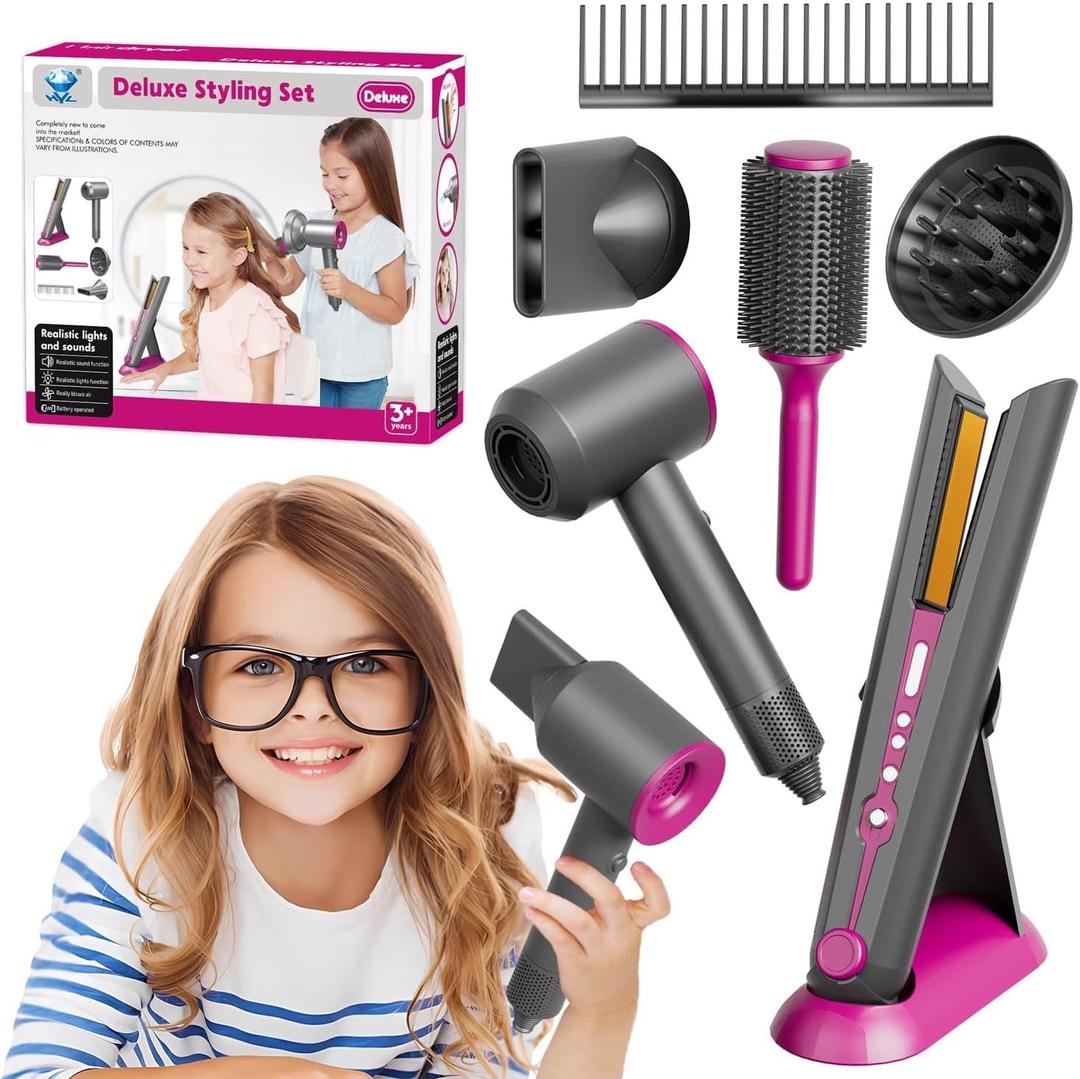 Girls Hair Salon Toys for Girls Beauty Salon Deluxe Styling Set -Kids Hair Dryer Toy, Straightener Hairdryer with Real Function, Interactive Lights & Sounds Fashion Play Set for Children Age 3+