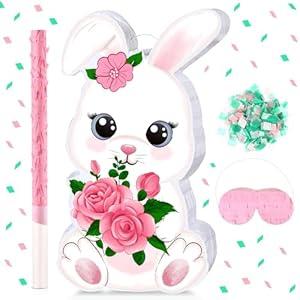 Bunny Easter Egg Piata with Blindfold, Bat and Filler, Funny Cute Bunny Party Favors for Cute Bunny Easter Egg Theme Kids and Adults Party Supplies Decoration (Cute)