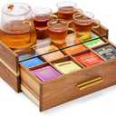 Acacia Wood Tea Bag Organizer, Tea Box with Storage Drawer, 8 Compartments Tea Organizer for Tea Bags with Glass Window, Coffee Pods and Tea Organizer Holder for Countertop, Tea Station Chest Display