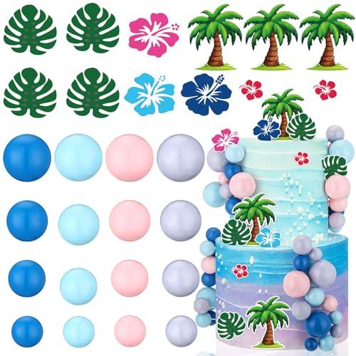 Leinuosen 72 Pcs Cartoon Cake Topper Hawaiian Birthday Cake Decoration with Pink Blue Balls Tropical Flower Decor Hawaiian Theme Birthday Party Supplies