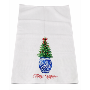 OTOUO Chinoiserie Christmas Kitchen Towels, Blue and White Chinoiserie Decor Christmas Tree Hand Towels, Coquette Red Bow Christmas Dish Towels Tea Towels, Grandmillennial Home Decor, 16x24 Inch Pack of 2