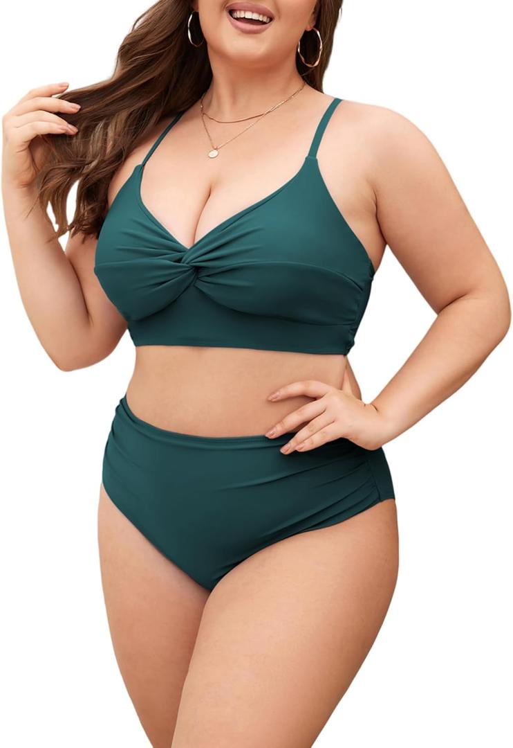 ZAFUL Womens Plus Size Bikini Twist High Waisted Bikini Sets Push Up Bikini Swimsuits Tummy Control 2 Piece Bathing Suit (X-Large Plus, Peacock Green)