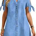 Denim Dress for Women 2026 Summer Casual Cowgirl Blue Jean Dress Tied Sleeves Button Down Shirt Dresses with Pockets