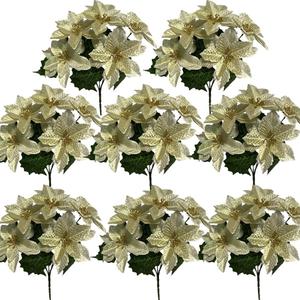 Yellow Christmas Artificial Poinsettia Flowers 8Pack Silk Yellow Poinsettias Artificial Bushes Christmas Flowers 5 Heads Floral Bouquet with Stem for Home Decor