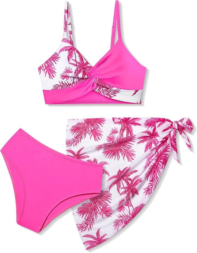 Girls Swimsuit, Bathing Suits 3 Piece Tropical Floral Twist Cross Bikini Sets Girls' Swimwear with Cover Up Skirt 7-16T (9-10, Pink Palm)