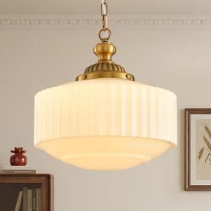 Vintage Brass Milk Glass Pendant Light, 14.2in Drum Chandelier