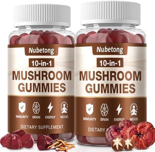 Mushroom Gummies - 10x Mushroom Supplement for Adults with Lion's Mane, Reishi, Chaga and Turkey Tail - Brain Booster, Immune Support, Stress Relief and Focus Support (2 Pack), Best Before 11-20-2026