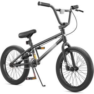 KORIMEFA Freestyle BMX Bike 18 20 inch Kids Boys Trick Bicycle for 7-12 Years Old, Pro Pegs/Guro Could Choose, Hi-Ten Steel Frame, Beginner-Level to Advanced Riders (Black)