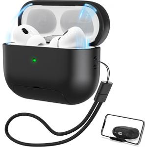 2 x RFUNGUANGO for AirPods Pro 2nd Generation Protective Case, with Phone Holder Function, Magnetic Cover Lock, for AirPods Pro 2nd/1st Generation Full Drop-Proof Protective Case with Lanyard, Black