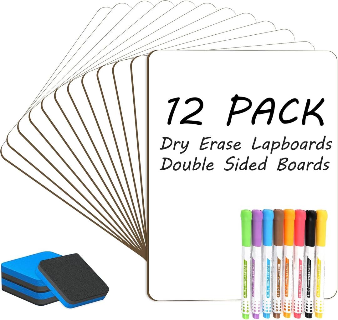 Dry Erase Lapboards Student Pack of 12,9x12 inch Double Sided White Boards,Small Mini White Dry Erase Boards for Students Whiteboards Including Mini Dry Erase Erasers and Colored Markers