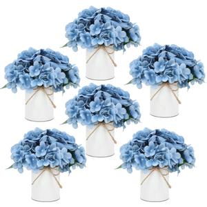 Flower Table Centerpieces - Set of 6 Floral Arrangement Artificial Wedding Hydrangeas Floral Arrangement with Rustic Metal Vase for Bridal Tea Party Event Decorations - Dusty Blue