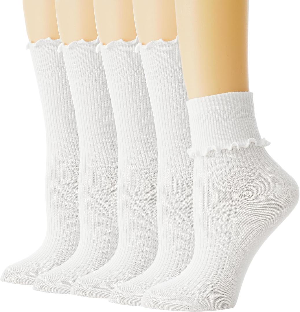 BISOUSOX Ruffle Socks, White Frilly Crew Socks for Women Girls, Cute Turn Cuff Dress, School Uniform Socks Size 5-9