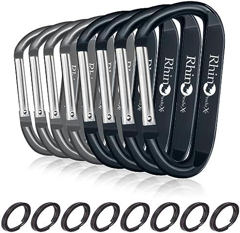 Rhino Produxs 8PCS of Lightweight Duty Snap Carabiner Clips, D Ring Shape Carabiner with 8PCS Keyring - Excellent for Outdoor, Camping, Hiking, Keychains, Water Bottle, Keychain Hook