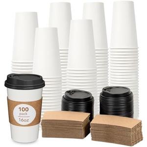 DAILYLIFE 16oz Disposable Coffee Cups with Lids & Sleeves-100 Pack, Bulk Thickened Paper Cups, To Go Coffee Cups for Hot Drinks, Leak Proof & DIY Customizable for Home, Office, Parties and Stores
