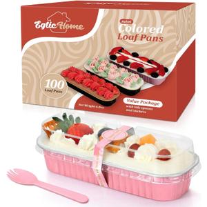EgticHome Mini Loaf Pans with Lids and Spoons (100 Pack, Pink, 6.8oz) Rectangular Aluminum Foil Baking Pans