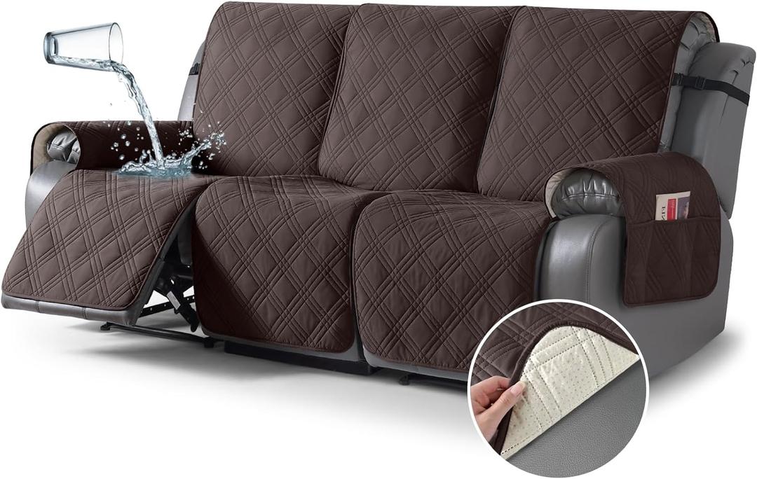 TAOCOCO 100% Waterproof Recliner Sofa Cover Non Slip Couch Cover for 3 Seat Reclining Sofa, Split Reclining Couch Covers 3-Piece with Straps, Washable Sofa Slipcover for Kids Pets(3 Seater, Chocolate)