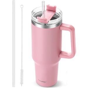 40 oz Tumbler with Handle and Straw, Pink Insulated Travel Mug Iced Coffee Cup, Reusable Stainless Steel Insulated Water Bottle, Keeps Drinks Cold for 34 Hours, Women Christmas Gifts for Mom Grandma