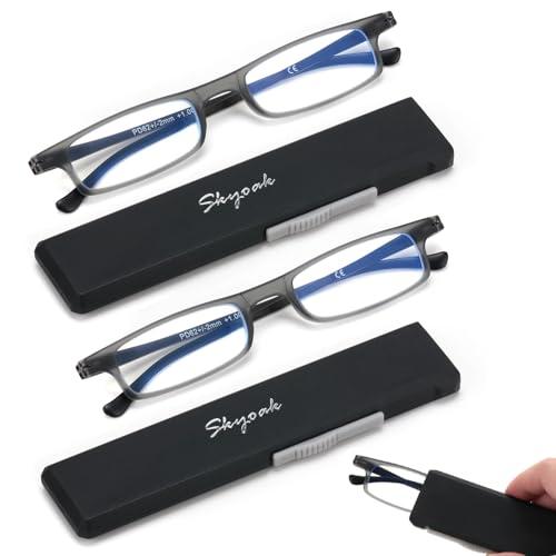 2 Pack Ultra thin Lightweight Folding Reading Glasses Women Men TR90 Blue Light Blocking Anti UV/Eyestrain Foldable Compact Computer Readers Portable Unique Stretchable Slim Flat case Gunmetal, +1.5