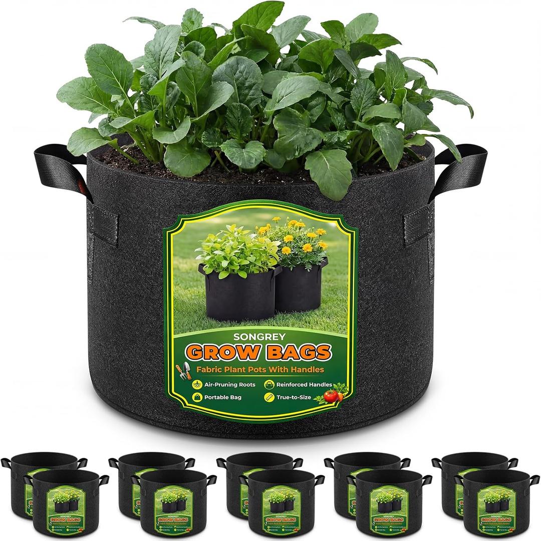 Songrey 10-Pack 5 Gallon Grow Bags, Thickened Nonwoven Fabric Pots with Handles, Heavy Duty Garden Planter for Tomato, Vegetables and Flower