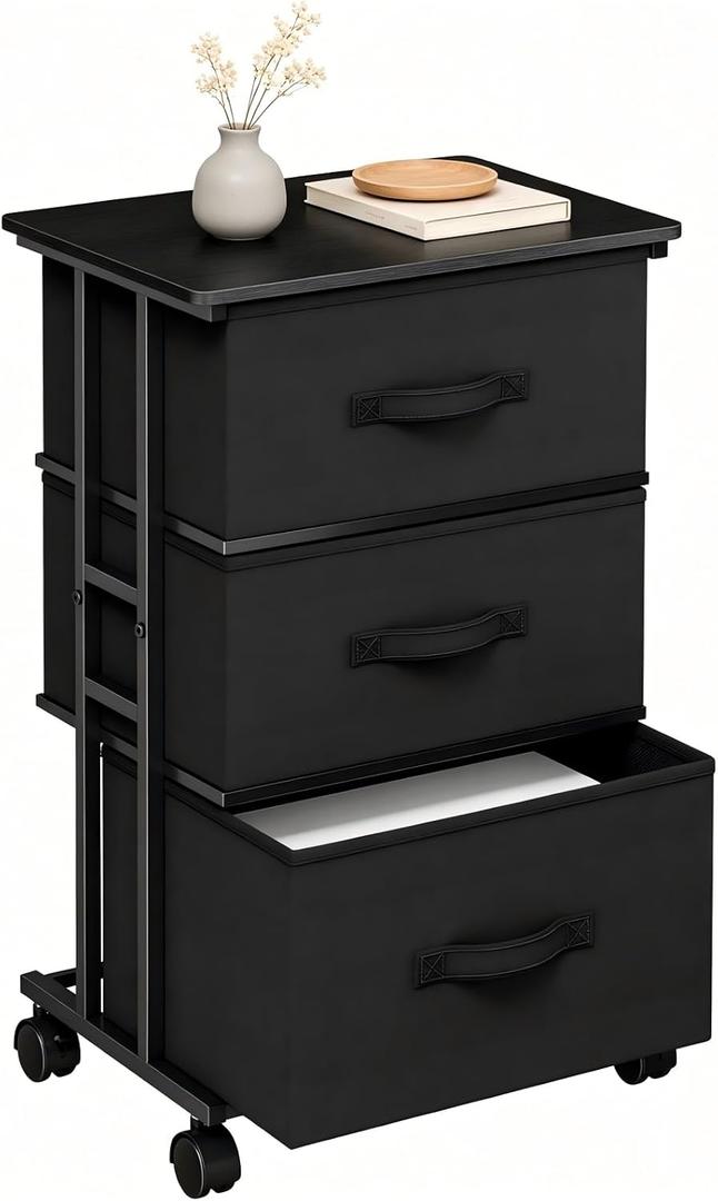 DUMOS Nightstand, Rolling Bedside Table with 3 Fabric Drawers, 11.8"D x 16.7"W x 30.1"H