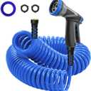 Coil Hose,3/8" EVA Coil Garden Hose 25 FT,Curly Water Hose Lightweight with Metal Connectors and Swivel Handle,Retractable Garden Hose Includes 8-Pattern Spray Nozzle for Boat, Yard, Patio