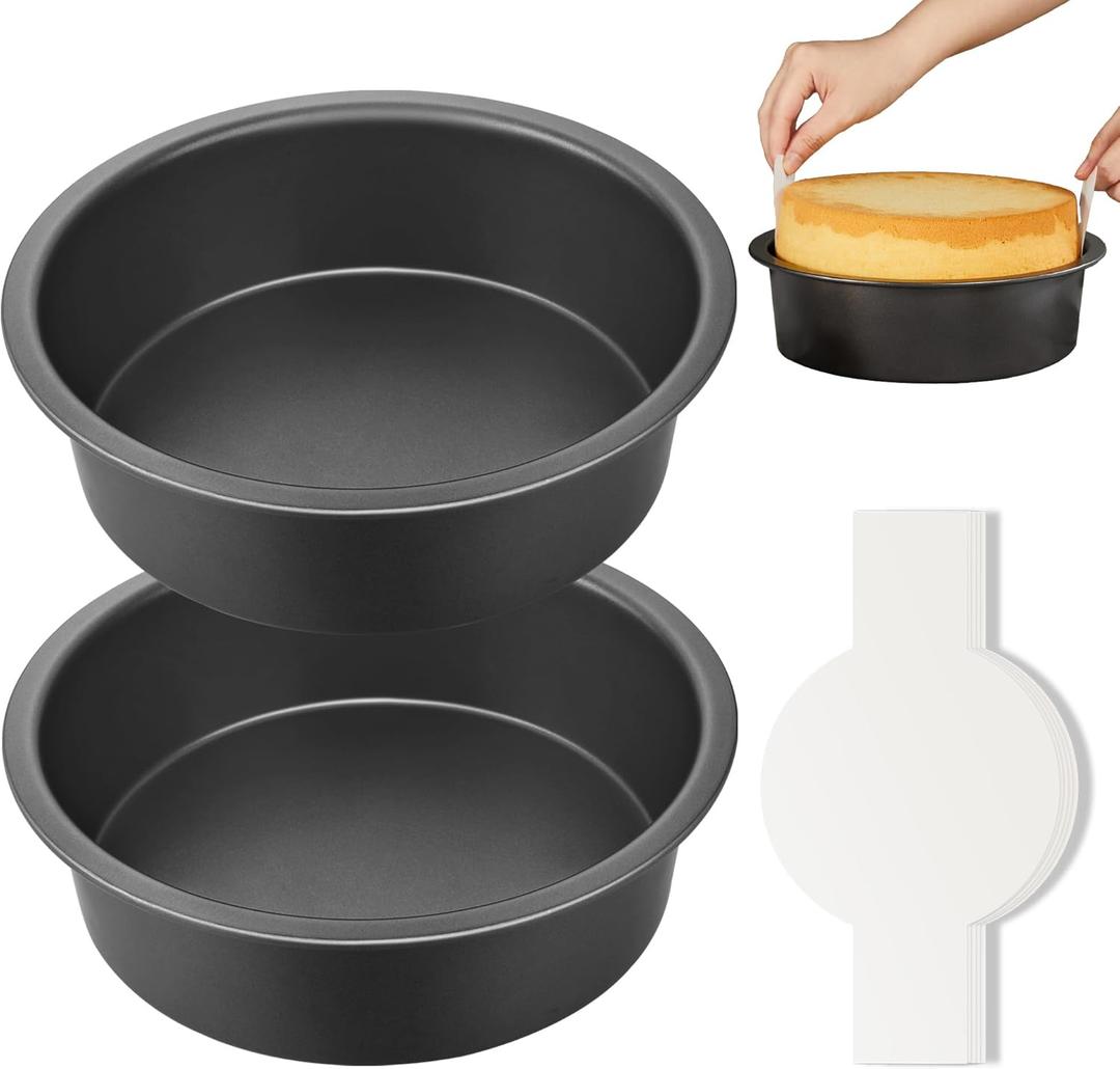 HONGBAKE 8 Inch Round Cake Pan Set for Baking with 60 Pieces Parchment Paper, Nonstick Deeper Circle Cake Pans Set of 2, Layer Cake Tin, Cheesecake Mold, Huty Duty - Grey