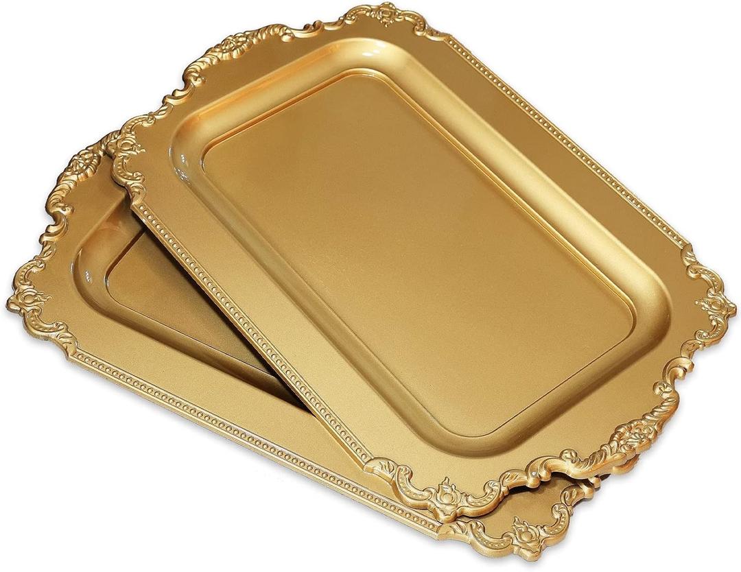 2Pcs Vintage Gold Decorative Tray, Plastic Serving Tray for Coffee Table, Living Room, Ottoman, Bathroom. (Rectangle, 2640dg)