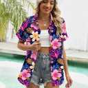 LOMON Women's Summer Hawaiian Shirts Floral Short Sleeve Button Down Shirts Hawaii Tropical Beach Tops Outfits (S)