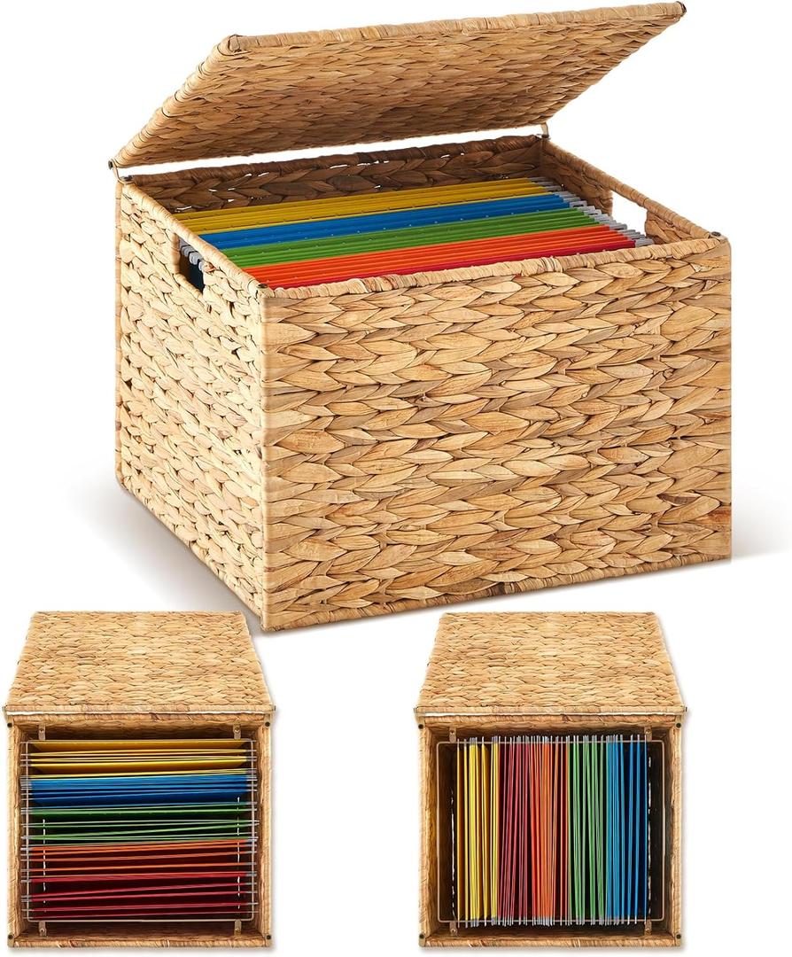 Large Decorative File Box Water Hyacinth Letter/Legal Size File Organizer with Lid Collapsible Hand Woven Filing Cabinet for Office/Home Decor(Light Color, 16.54'' X 14.57'' X 11.4'')