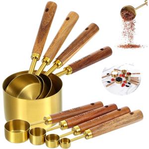 Measuring Cups and Spoons Set of 8, Wooden Handle with US Measurements, Dry & Liquid Ingredient Measuring Cup for Cooking and Baking, Golden Stainless Steel Measuring Cups