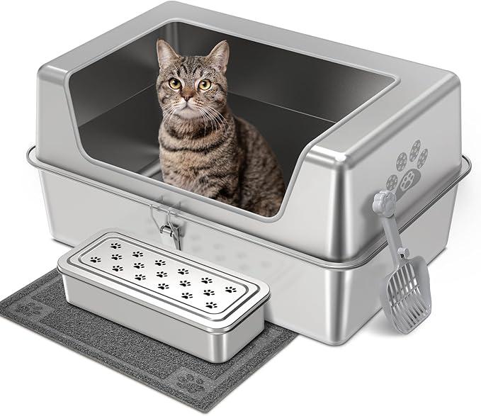 Stainless Steel Cat Litter Box with Lid, Extra Large Cat Litter Box for Large Cat, Metal Litter Pan with High Sided Enclosed and Scoop, Front & Top Entry, Anti-Leakage, Easy to Clean, Grey
