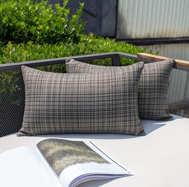 Kevin Textile Pack of 2 Decorative Outdoor Waterproof Throw Pillow Covers Lumbar Pillowcases Modern Cushion Cases for Patio Couch Bench 12 x 20 Inch Grey