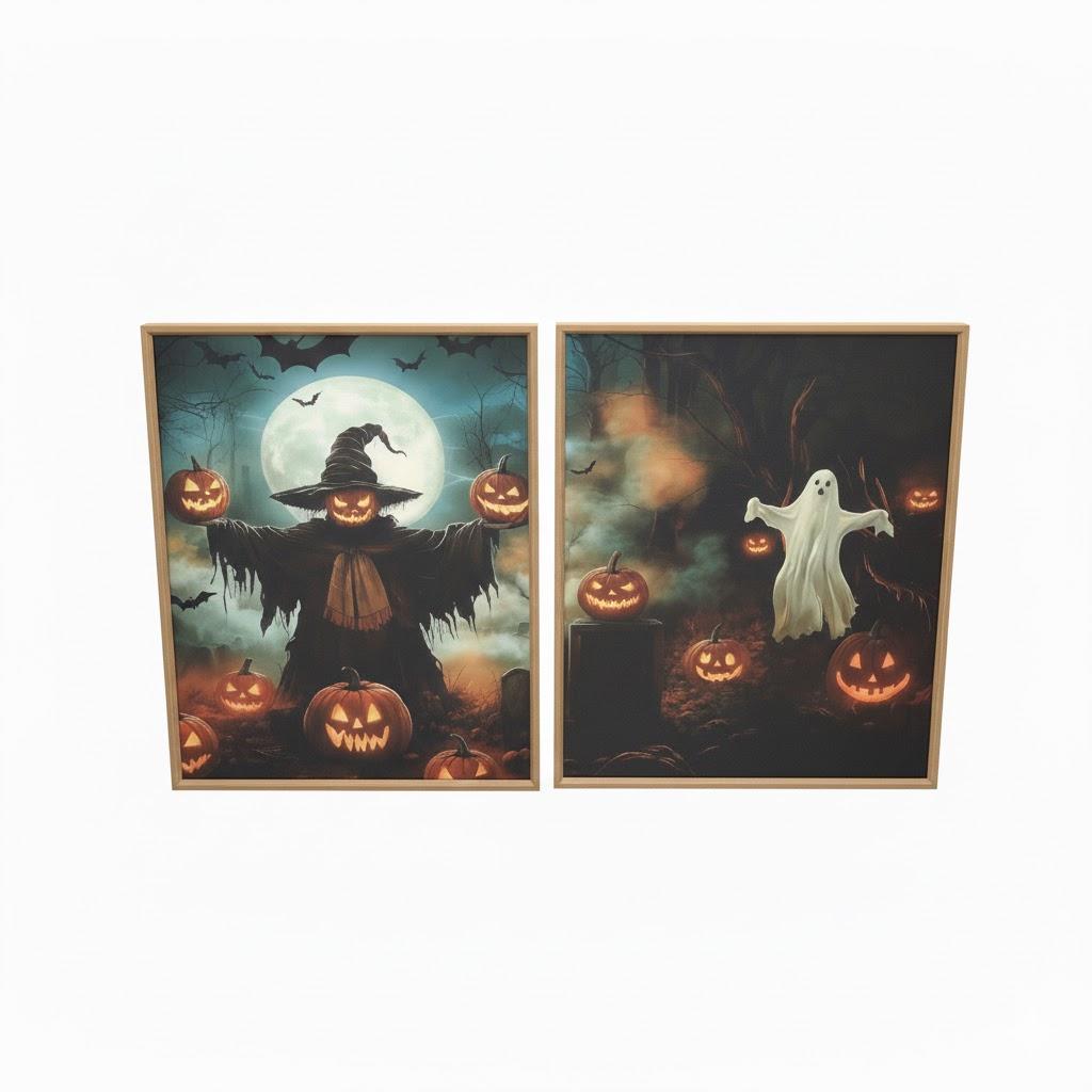 Spooky Halloween Ghost Lighted Pumpkin Framed Canvas Wall Art Set,Gothic Inspired Cute Black Cat Witch Hat Wall Decor,Vintage Foggy Forest Castle Artwork for Living Room, Bedroom-16 x24 x3