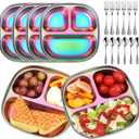 VZZNN 6 Pack Stainless Steel Kids Plates,Toddler Plate with Lid and Cutlery,Suitable for Family Gatherings, Kindergartens, Outdoor Activities and Travel(Colorful)