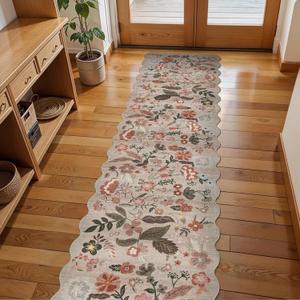 2x8 ft Non-Slip Washable Hallway Runner Rug Boho Vintage Floral Carpet Runner for Kitchen, Bathroom, Bedroom & Entryway Low-Pile Thin Soft Rug with Scalloped Edge (Beige Brown, 2x8)