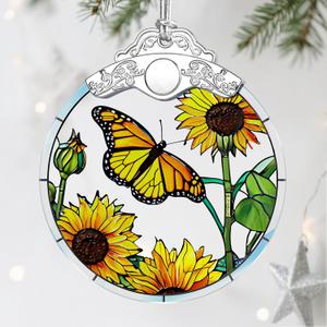 2 x Butterfly & Sunflower Stained Glass Ornament, Christmas Ornaments, Christmas Tree Decorations, Holiday Decor, Holiday Present, Butterfly Themed Gifts, Gift Ideas & Xmas Gifts