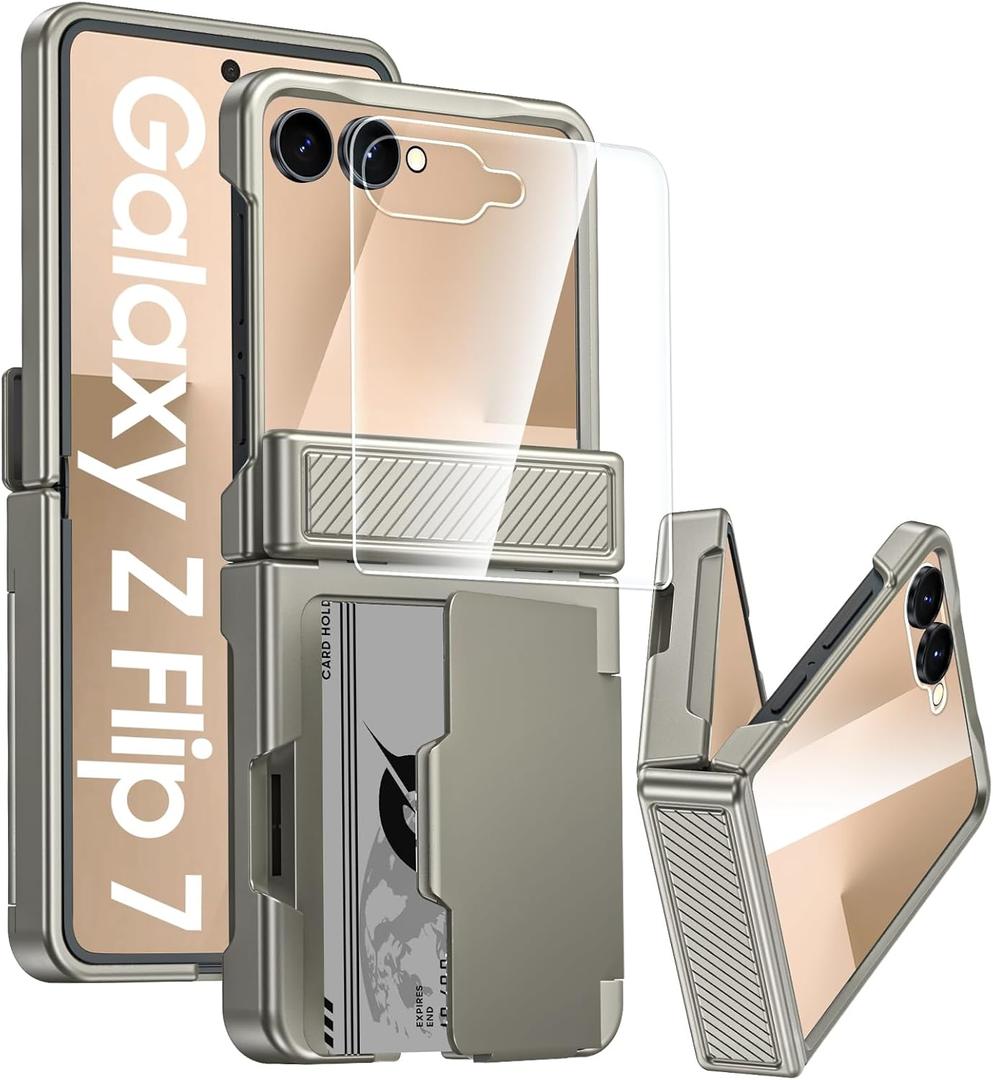 GooseBox for Samsung Galaxy Z Flip 7 Case Wallet RFID Card Holder&Hinge Protection&HD Screen Protector, Full Body Shockproof Cover for Galaxy Z Flip 7(Natural Titanium)